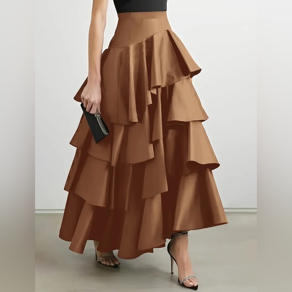 Dresses & Skirts - Coffee Brown High-Waist Tiered Ruffle Maxi Skirt | Asym Hem | XL